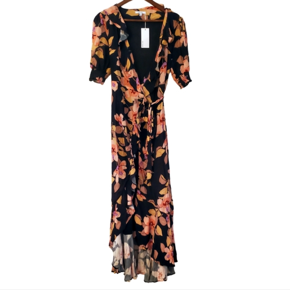 BTFL-Life XS  black pink peach floral Maxi wrap dress NWT